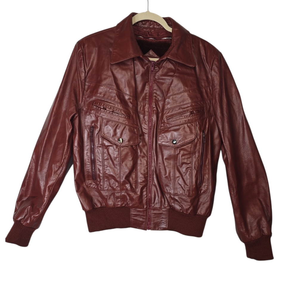 VTG Berman's Leather Bomber Jacket Men's 40 Zip Out Lining Burgundy